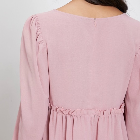 MATERNITY pink ruffle v neck bishop sleeve dress - Picture 2 of 6